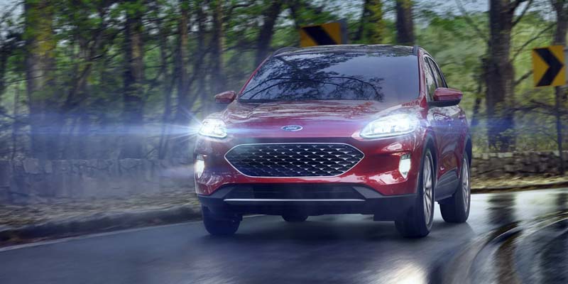 A red Ford Escape SUV is driving on a wet, winding road through a forest